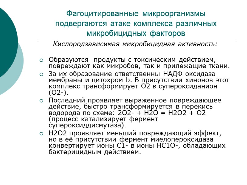 Фагоцитированные микроорганизмы подвергаются атаке комплекса различных микробицидных факторов      